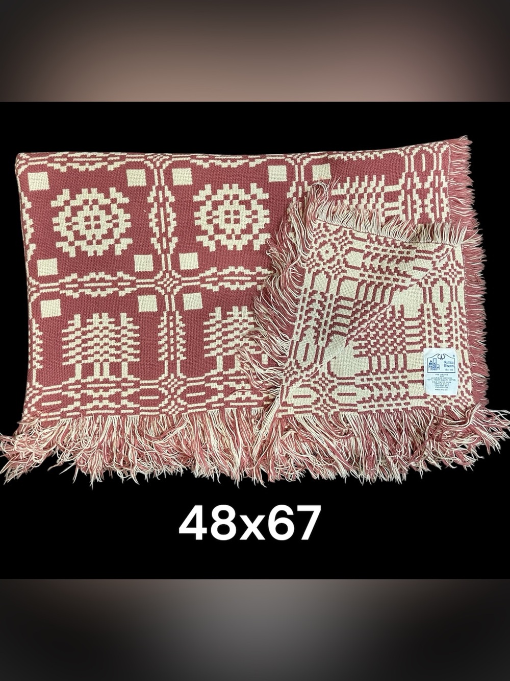 Vintage Handwoven mauve and Cream Fringed Throw Blanket - Goodwin weavers